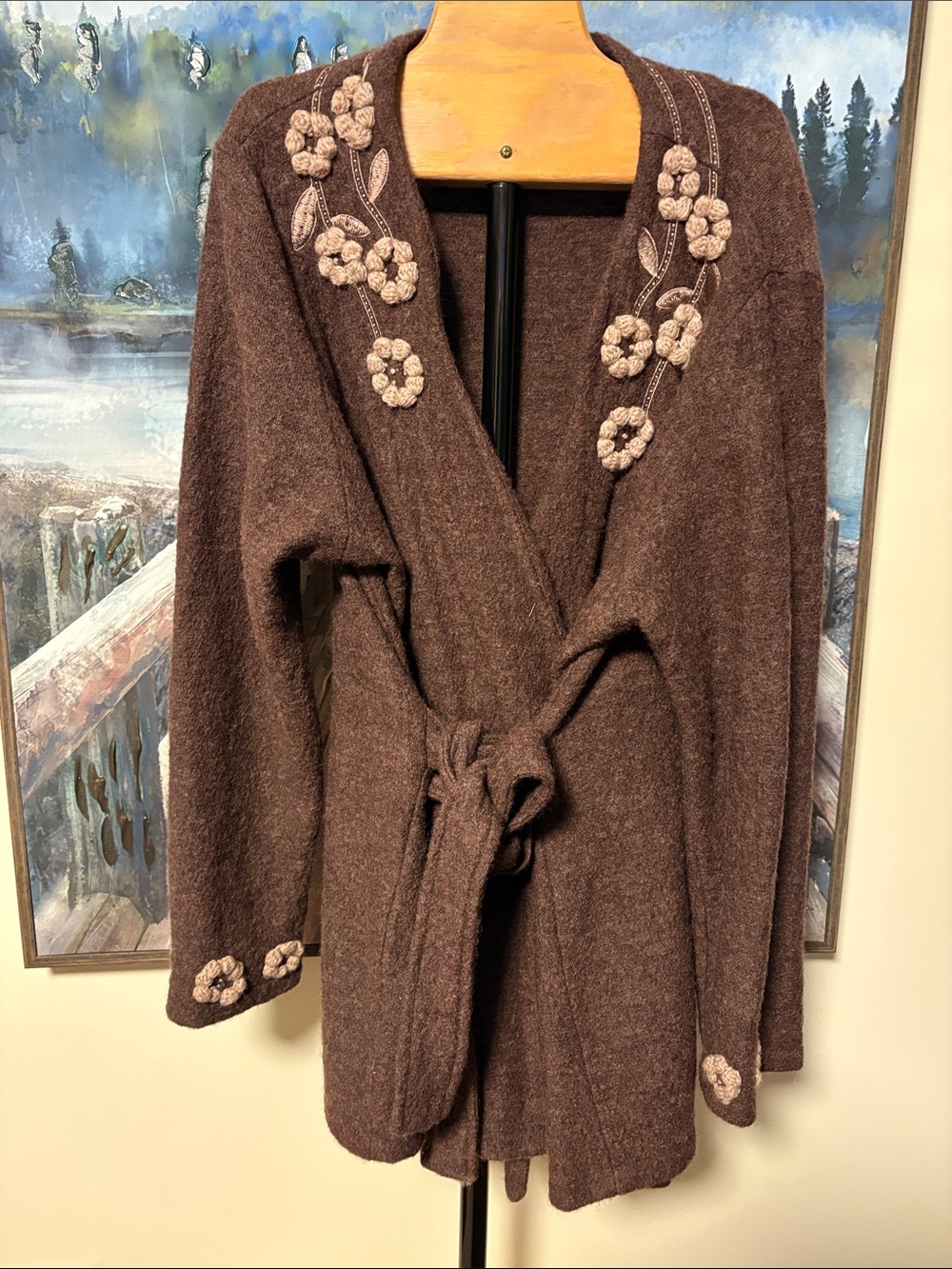 Cynthia Rowley Brown Wrap Cardigan with Cream Floral Appliqué